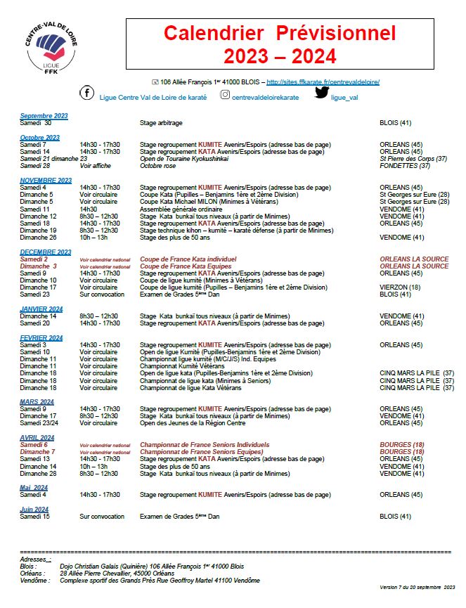 Calendrier de ligue  prévisionnel saison 2023-24